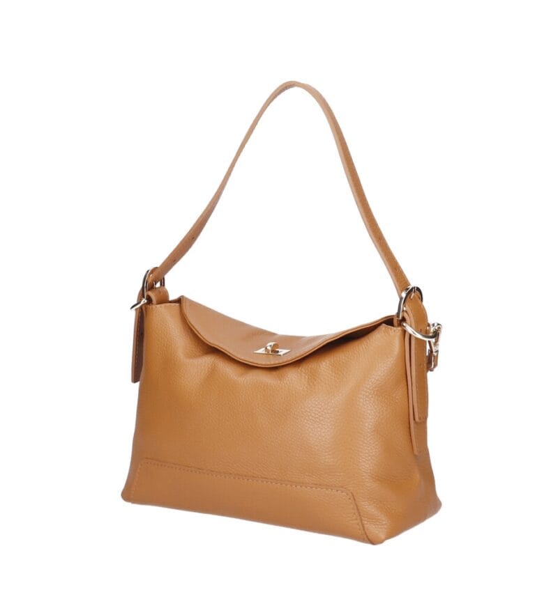 Leren Schoudertas Agata cognac trendy leer schoudertassen extra lang hengsel zilveren draaiknop chique tassen kopen bestellen zij