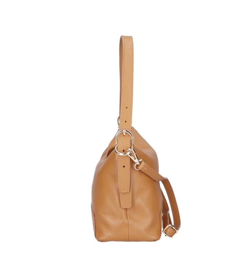Leren Schoudertas Agata cognac trendy leer schoudertassen extra lang hengsel zilveren draaiknop chique tassen kopen bestellen zijkant