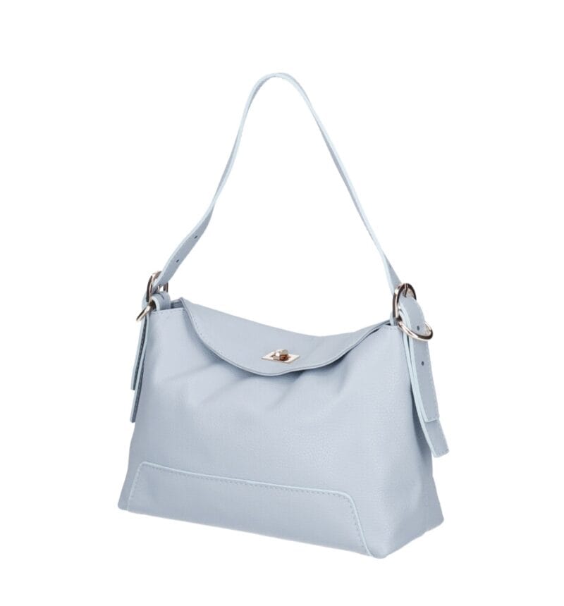 Leren Schoudertas Agata lichtblauw babyblauw ijsblauw iceblue trendy leer schoudertassen extra lang hengsel zilveren draaiknop chique tassen kopen bestellen