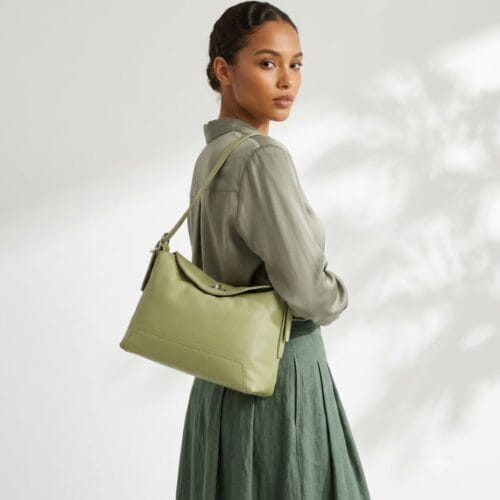 Leren Schoudertas Agata matchagroen matcha groen trendy leer schoudertassen extra lang hengsel zilveren draaiknop chique tassen kopen bestellen model