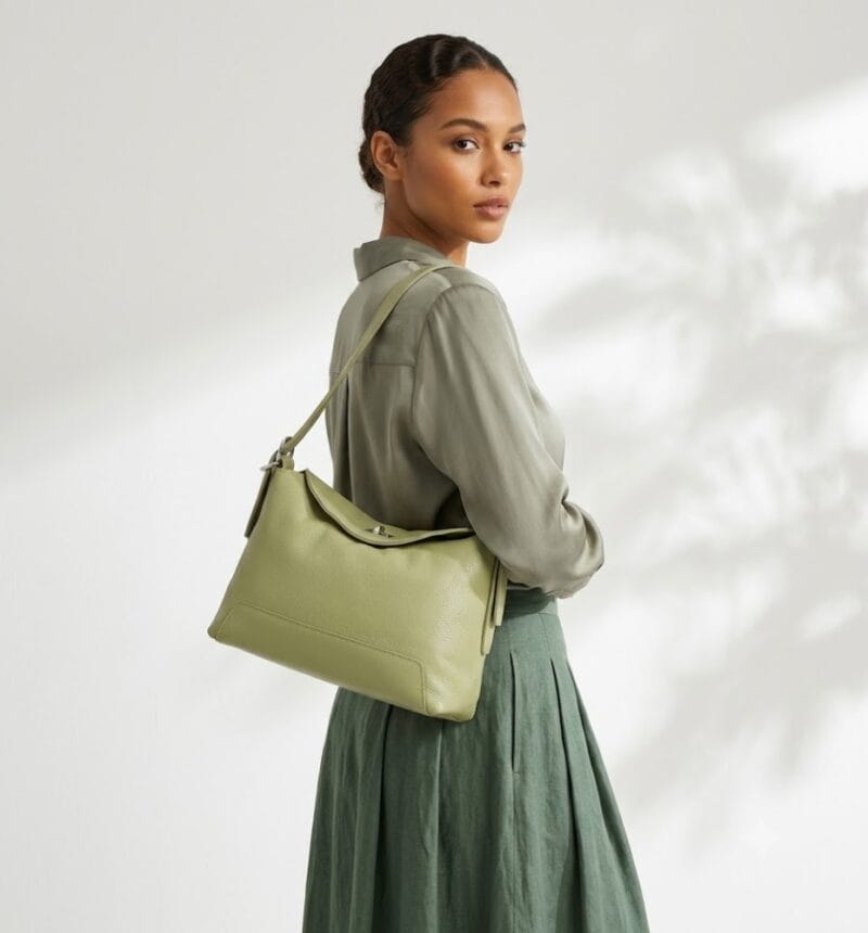 Leren Schoudertas Agata matchagroen matcha groen trendy leer schoudertassen extra lang hengsel zilveren draaiknop chique tassen kopen bestellen model