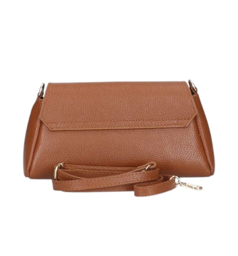 Leren Schoudertas Cilinia donkercognac cognac leren clutch pouchette houten draaislot dames tasjes tassen leer leder kopen bestellen achterkant-Photoroom
