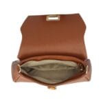 Leren Schoudertas Cilinia donkercognac cognac leren clutch pouchette houten draaislot dames tasjes tassen leer leder kopen bestellen binnenin-Photoroom