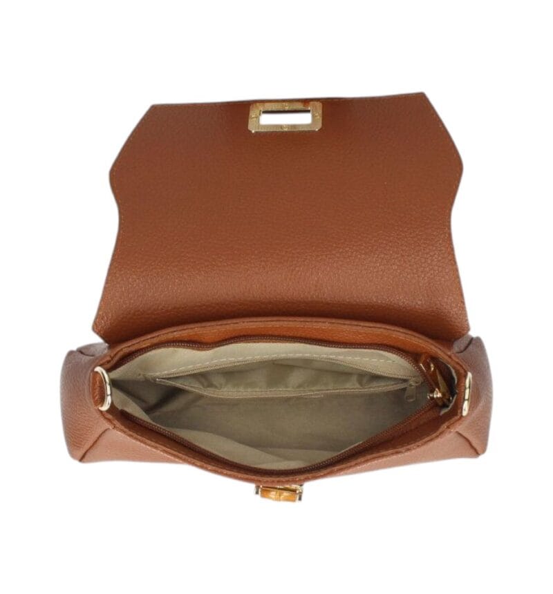 Leren Schoudertas Cilinia donkercognac cognac leren clutch pouchette houten draaislot dames tasjes tassen leer leder kopen bestellen binnenin-Photoroom