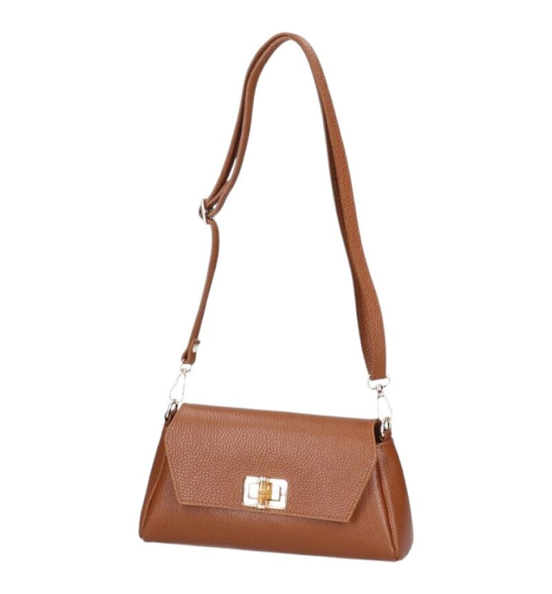 Leren Schoudertas Cilinia donkercognac cognac leren clutch pouchette houten draaislot dames tasjes tassen leer leder kopen bestellen detail-Photoroom