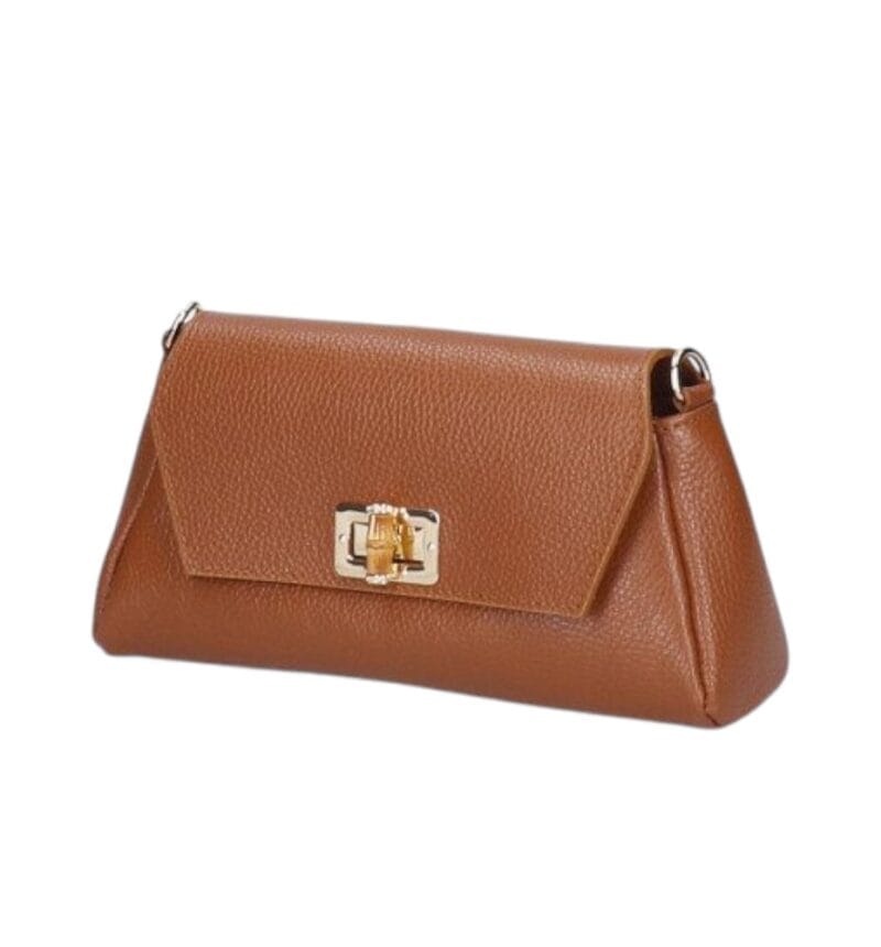 Leren Schoudertas Cilinia donkercognac cognac leren clutch pouchette houten draaislot dames tasjes tassen leer leder kopen bestellen zij-Photoroom