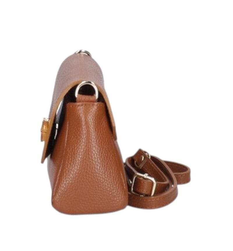 Leren Schoudertas Cilinia donkercognac cognac leren clutch pouchette houten draaislot dames tasjes tassen leer leder kopen bestellen zijkant-Photoroom