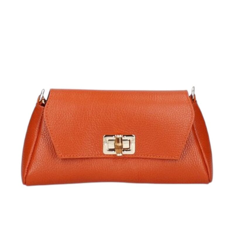 Leren Schoudertas Cilinia donkeroranje oranje papaja leren clutch pouchette houten draaislot dames tasjes tassen leer leder kopen bestellen-Photoroom