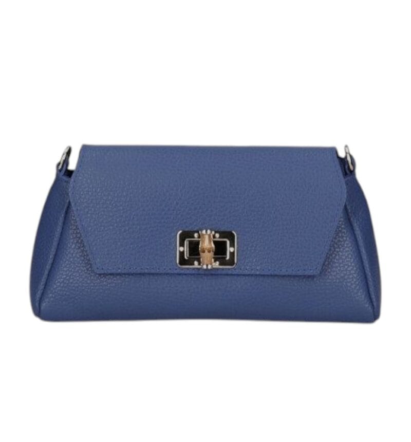 Leren Schoudertas Cilinia jeansblauw blauwe leren clutch pouchette houten draaislot dames tasjes tassen leer leder kopen bestellen-Photoroom