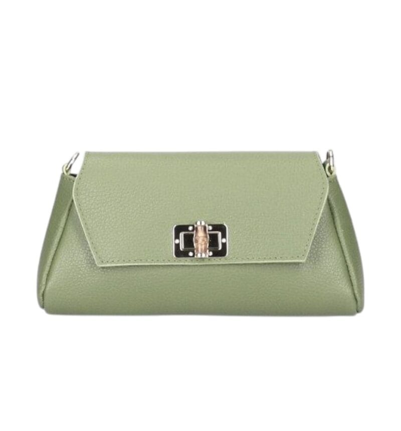 Leren Schoudertas Cilinia matchgroen groene leren clutch pouchette houten draaislot dames tasjes tassen leer leder kopen bestellen-Photoroom