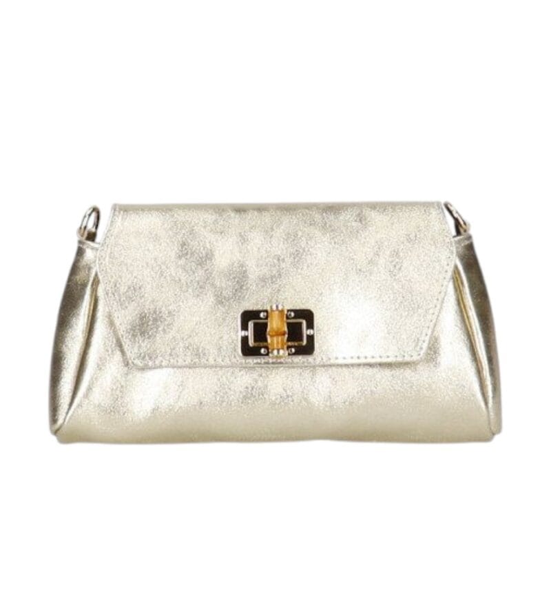 Leren Schoudertas Cilinia metallic goud gouden leren clutch pouchette houten draaislot dames tasjes tassen leer leder kopen bestellen-Photoroom