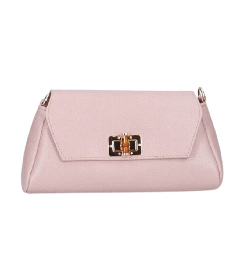 Leren Schoudertas Cilinia poederroze roze leren clutch pouchette houten draaislot dames tasjes tassen leer leder kopen bestellen-Photoroom