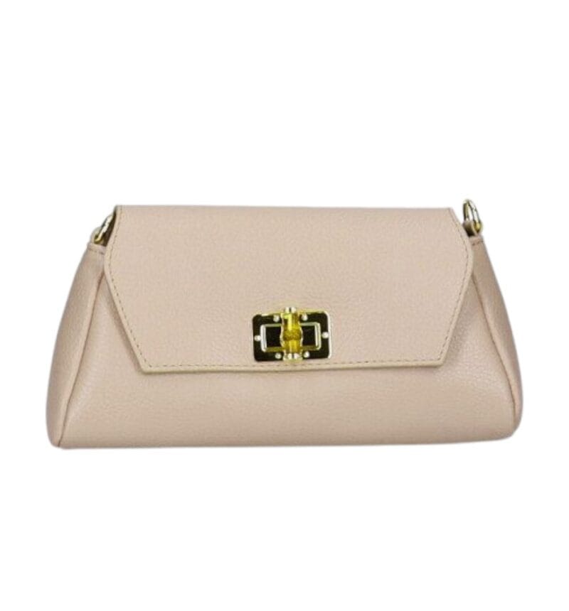Leren Schoudertas Cilinia taupe leren clutch pouchette houten draaislot dames tasjes tassen leer leder kopen bestellen-Photoroom