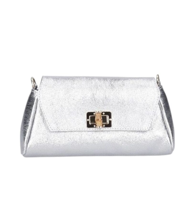 Leren Schoudertas Cilinia zilver zilveren leren clutch pouchette houten draaislot dames tasjes tassen leer leder kopen bestellen-Photoroom