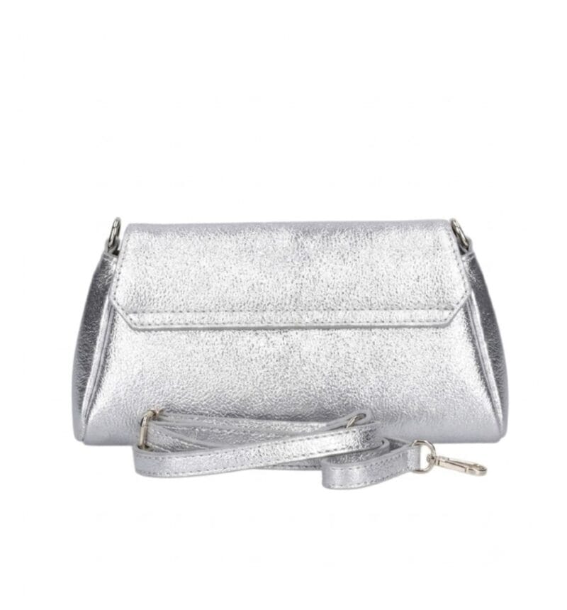 Leren Schoudertas Cilinia zilver zilveren leren clutch pouchette houten draaislot dames tasjes tassen leer leder kopen bestellen achterkant