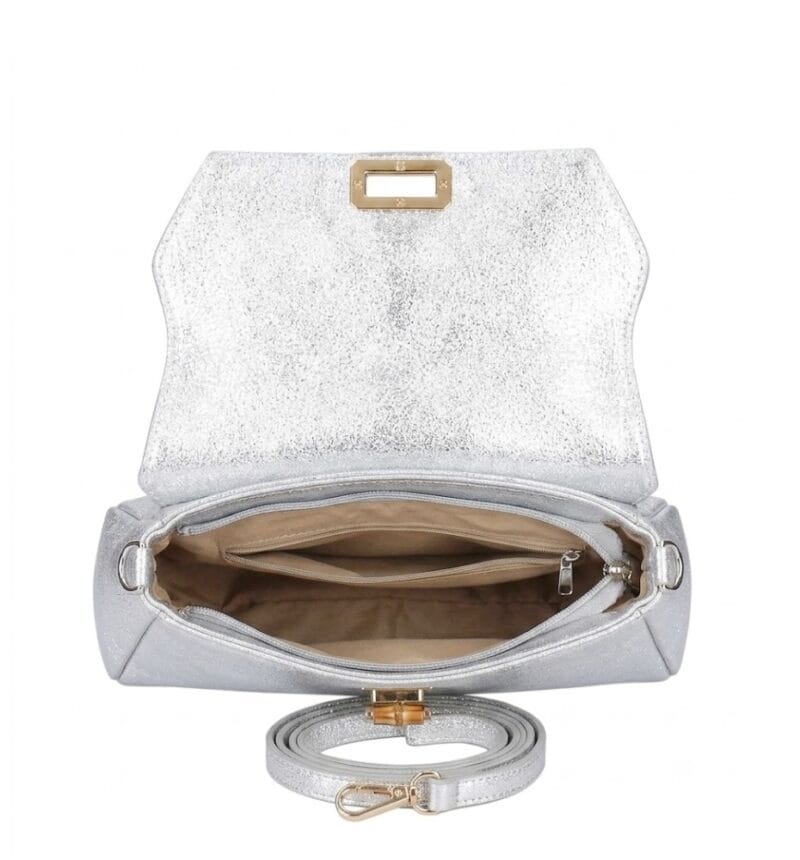 Leren Schoudertas Cilinia zilver zilveren leren clutch pouchette houten draaislot dames tasjes tassen leer leder kopen bestellen-binnenkant
