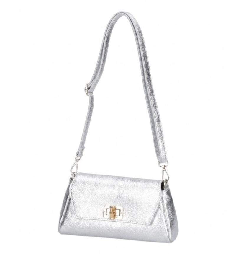 Leren Schoudertas Cilinia zilver zilveren leren clutch pouchette houten draaislot dames tasjes tassen leer leder kopen bestellen detail
