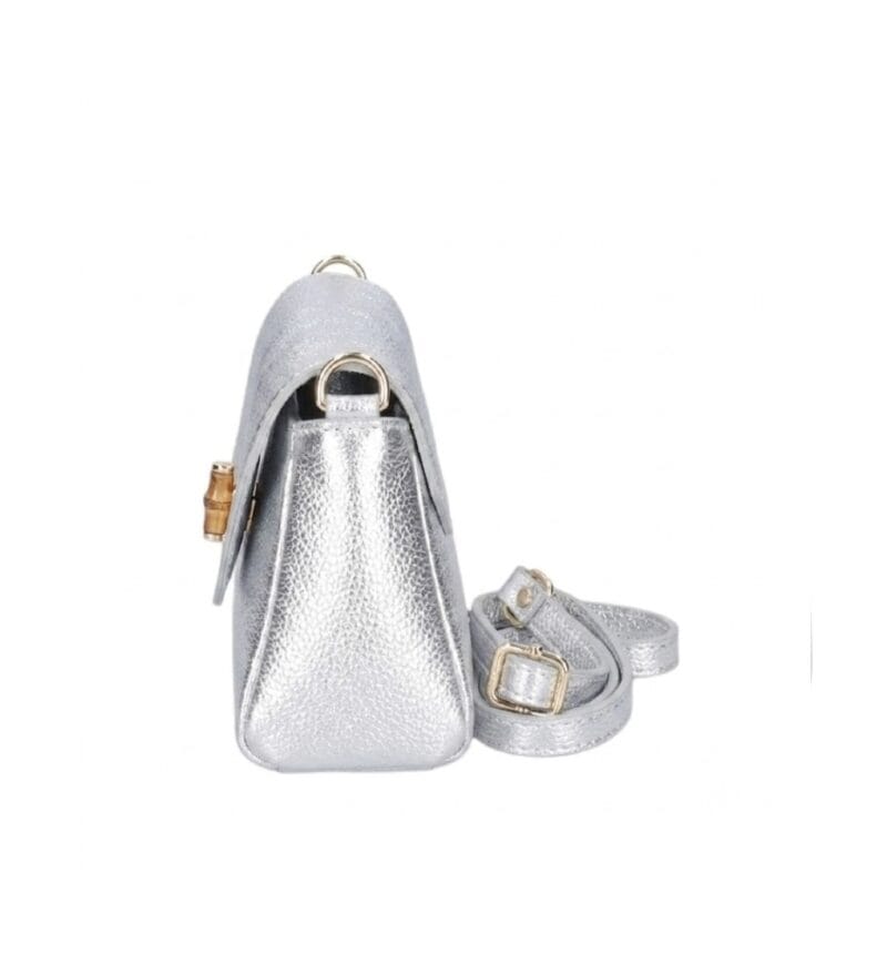 Leren Schoudertas Cilinia zilver zilveren leren clutch pouchette houten draaislot dames tasjes tassen leer leder kopen bestellen zijkant