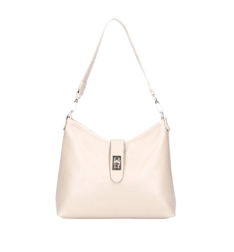 Leren Schoudertas Fatin beige dames schoudertas leer draaiknoop Glanzend generfd leer extra lang hengsel goud beslag kopen bestellen