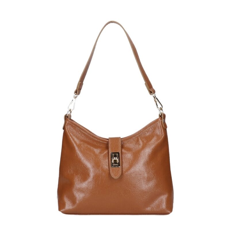 Leren Schoudertas Fatin cognac dames schoudertas leer draaiknoop Glanzend generfd leer extra lang hengsel goud beslag kopen bestellen
