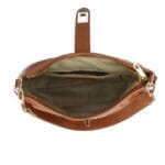 Leren Schoudertas Fatin cognac dames schoudertas leer draaiknoop Glanzend generfd leer extra lang hengsel goud beslag kopen bestellen open