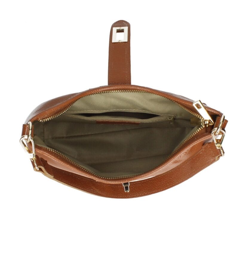 Leren Schoudertas Fatin cognac dames schoudertas leer draaiknoop Glanzend generfd leer extra lang hengsel goud beslag kopen bestellen open
