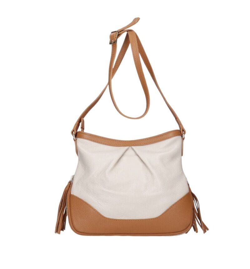 Leren Schoudertas Lana Kwastjes beige met cognac details tweekleurig leren schoudertas trendy boho leer italiaans dames kopen bestellen