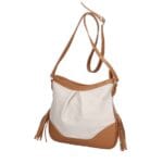 Leren Schoudertas Lana Kwastjes beige met cognac details tweekleurig leren schoudertas trendy boho leer italiaans dames kopen bestellen zij