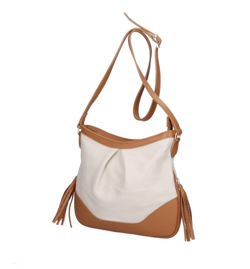 Leren Schoudertas Lana Kwastjes beige met cognac details tweekleurig leren schoudertas trendy boho leer italiaans dames kopen bestellen zij
