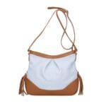 Leren Schoudertas Lana Kwastjes lichtblauw babyblauw blauwe met cognac details tweekleurig leren schoudertas trendy boho leer italiaans dames kopen bestellen