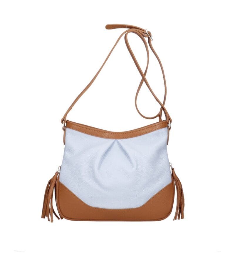 Leren Schoudertas Lana Kwastjes lichtblauw babyblauw blauwe met cognac details tweekleurig leren schoudertas trendy boho leer italiaans dames kopen bestellen