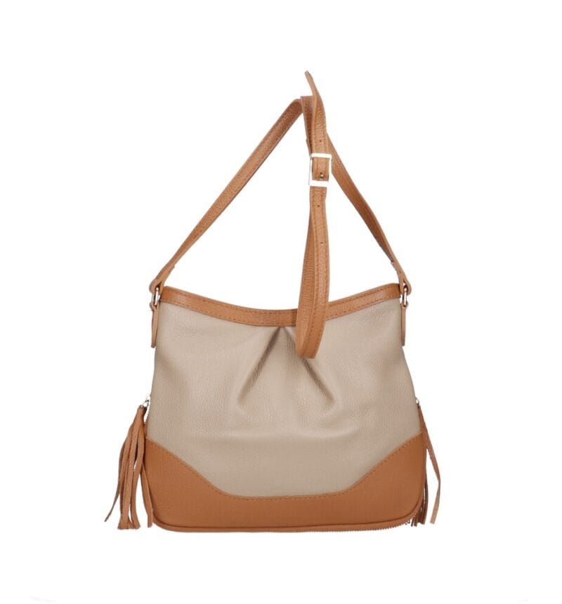 Leren Schoudertas Lana Kwastjes taupe met cognac details tweekleurig leren schoudertas trendy boho leer italiaans dames kopen bestellen