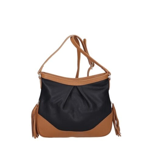 Leren Schoudertas Lana Kwastjes zwart zwarte met cognac details tweekleurig leren schoudertas trendy boho leer italiaans dames kopen bestellen