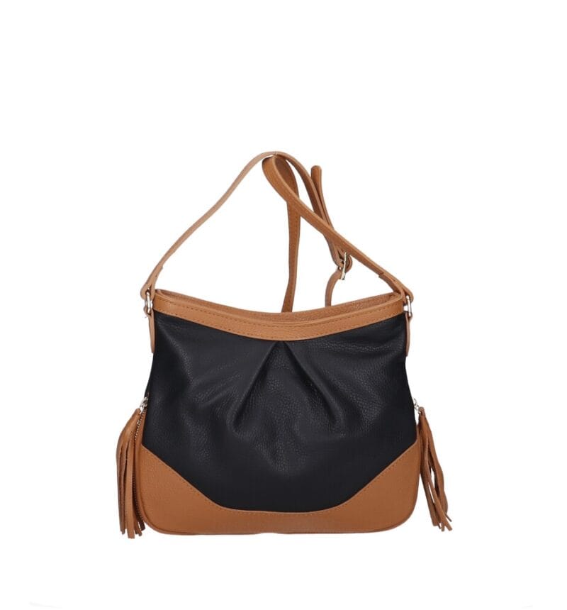 Leren Schoudertas Lana Kwastjes zwart zwarte met cognac details tweekleurig leren schoudertas trendy boho leer italiaans dames kopen bestellen