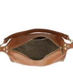 Leren Schoudertas Marianna donkercognac cognac schoudertas kort en lang hengsel goud beslag dames tassen italie kopen bestellen lang open