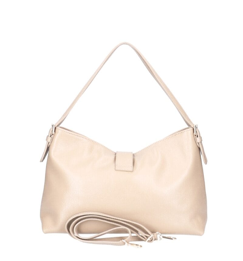 Leren Schoudertas Marinella beige dames schoudertas leer draaiknoop Glanzend generfd leer verstelbaar hengsel extra lang hengsel goud beslag kopen bestellen achterkant