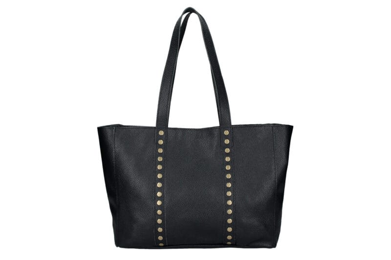 Leren Shopper Studs Zwart zwarte ruime leren shoppers handtassen lang hengsel gouden studs trendy italiaanse tassen kopen bestellen achterkant