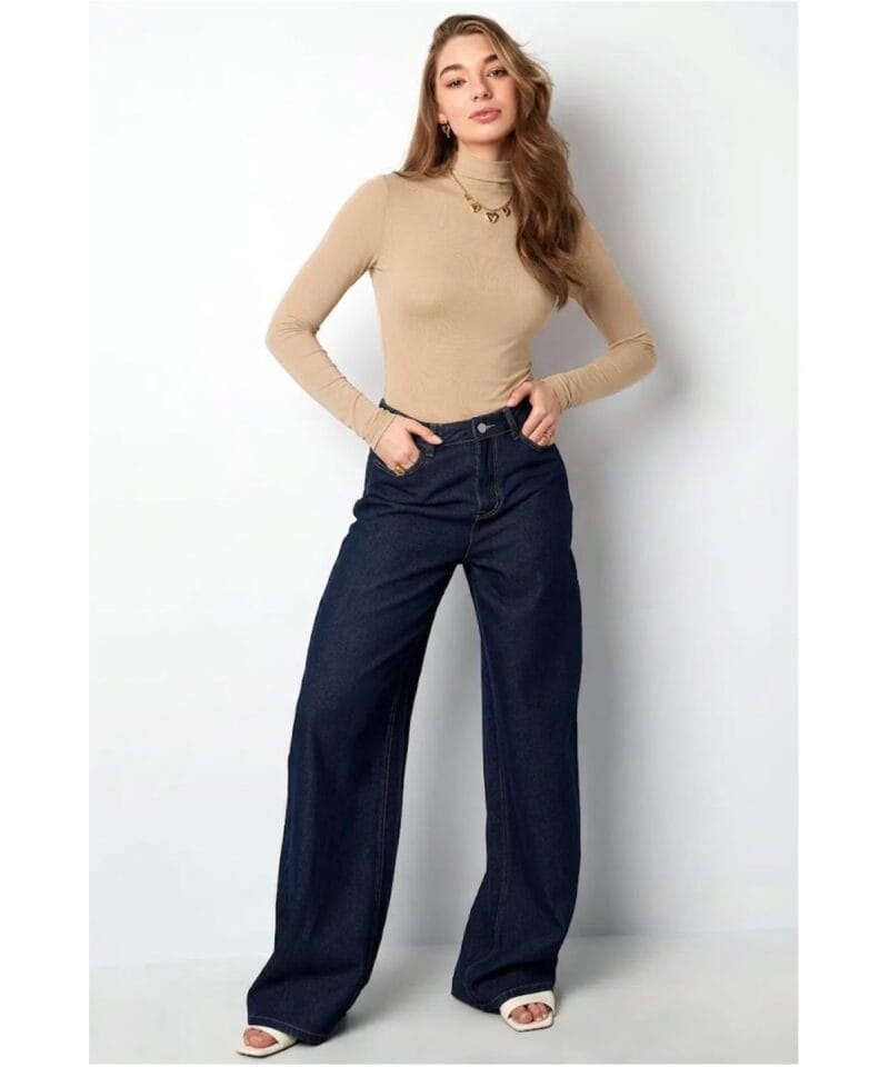 Beige Coltrui Ribbels beige lange mouwen dames tops truitje hoge col stretch dames kleding kopen bestellen yehwang model