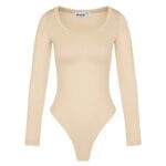 Beige Stretch Bodystocking Milo lange mouwen ronde hals bodysuit body string dames kleding yehwang polyester kopen bestellen
