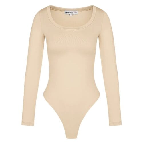 Beige Stretch Bodystocking Milo lange mouwen ronde hals bodysuit body string dames kleding yehwang polyester kopen bestellen