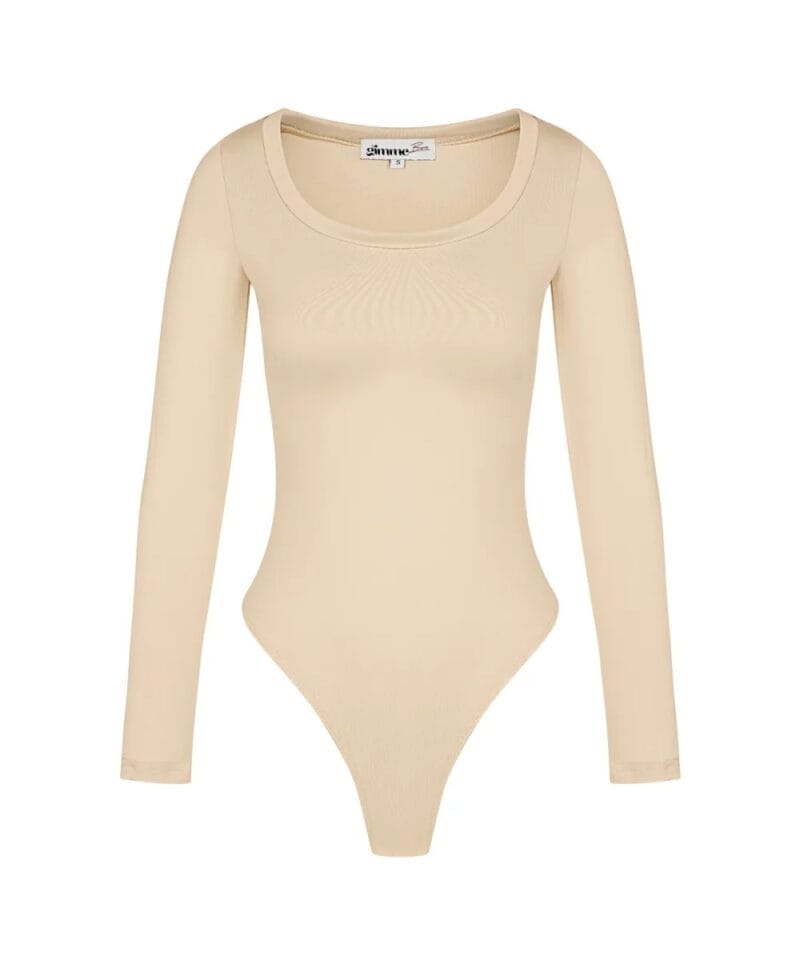 Beige Stretch Bodystocking Milo lange mouwen ronde hals bodysuit body string dames kleding yehwang polyester kopen bestellen