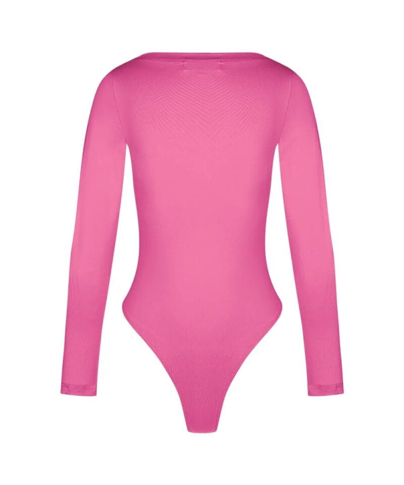 Fuchsia Stretch Bodystocking Milo lange mouwen ronde hals bodysuit body dames string kleding yehwang polyester kopen bestellen achterkant