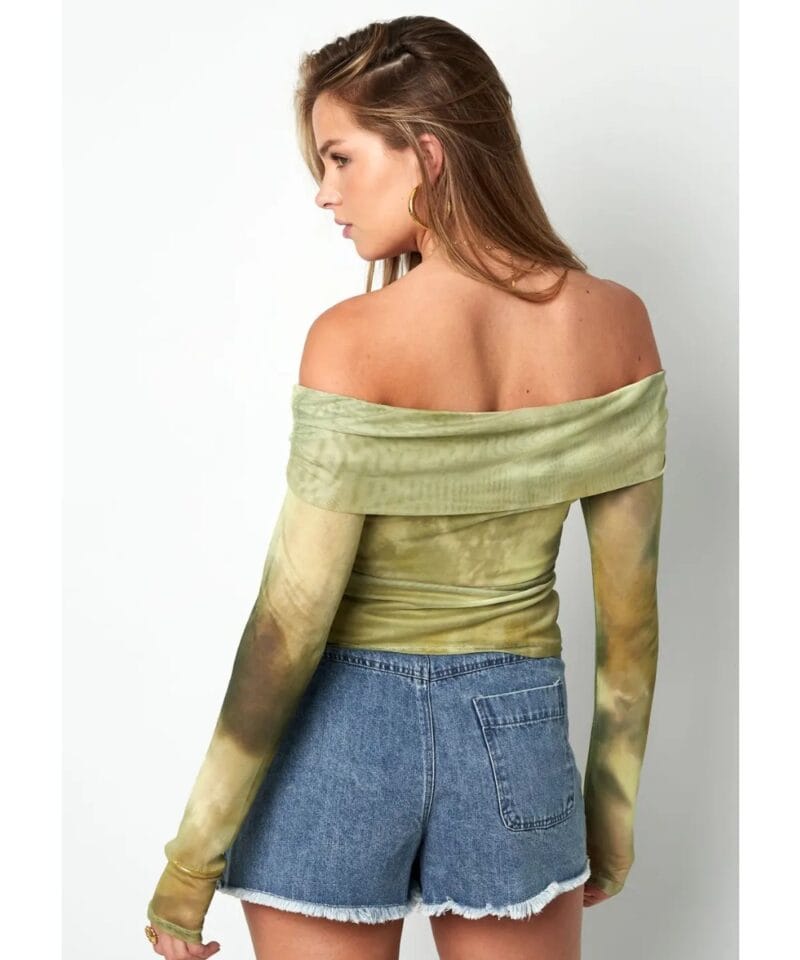 Groene Strappless Top Milo groen print lange mouwen strapless dames tops kleding truitjes yehwang kopen bestellen model achter