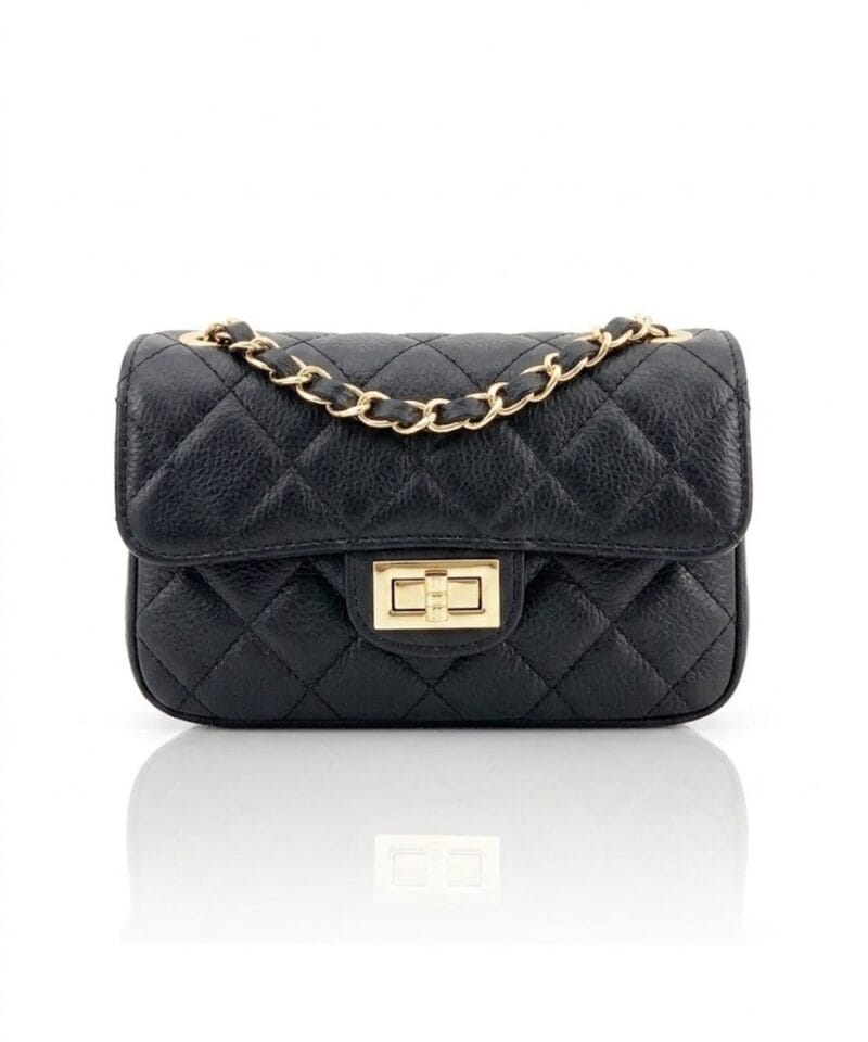 Leren Tas Quilted Belle zwart zwarte look-a-like-tassen-met-stiksels-quilted-tas-gouden doorregen-kettinghengsel-kopen-nu bestellen