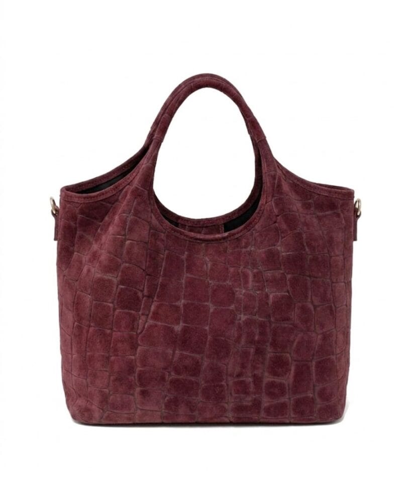 Suede Handtas Croco kroko Tote bordeaux trendy dames tassen krokoprint suede extra lang hengsel kopen bestellen leer