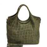 Suede Handtas Croco kroko Tote legergroen groene trendy dames tassen krokoprint suede extra lang hengsel kopen bestellen leer
