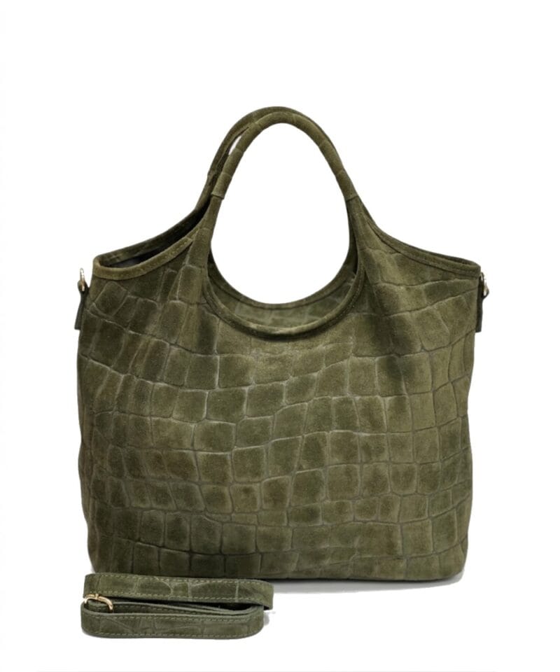 Suede Handtas Croco kroko Tote legergroen groene trendy dames tassen krokoprint suede extra lang hengsel kopen bestellen leer