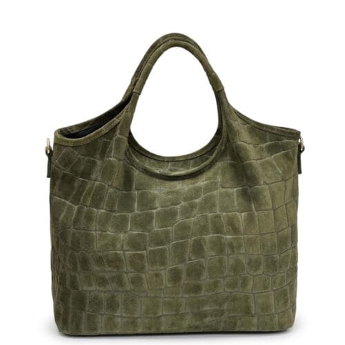 Suede Handtas Croco kroko Tote legergroen groene trendy dames tassen krokoprint suede extra lang hengsel kopen bestellen leer 1