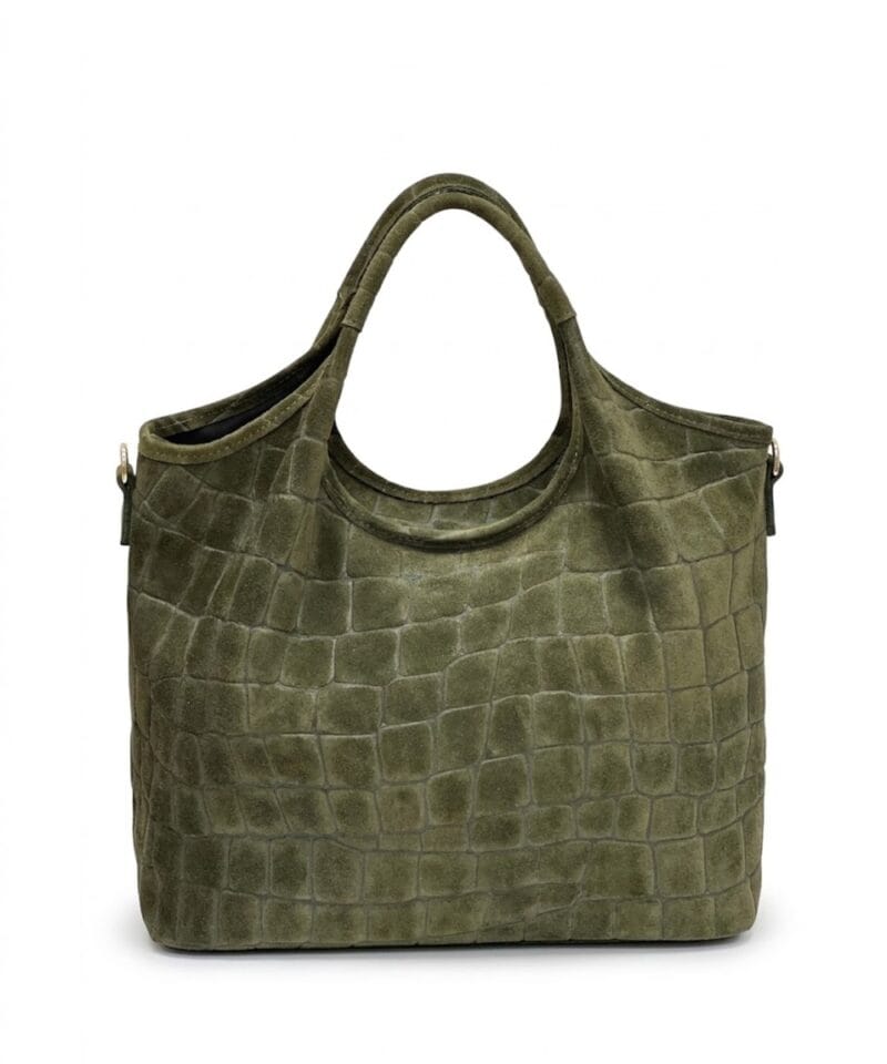 Suede Handtas Croco kroko Tote legergroen groene trendy dames tassen krokoprint suede extra lang hengsel kopen bestellen leer 1