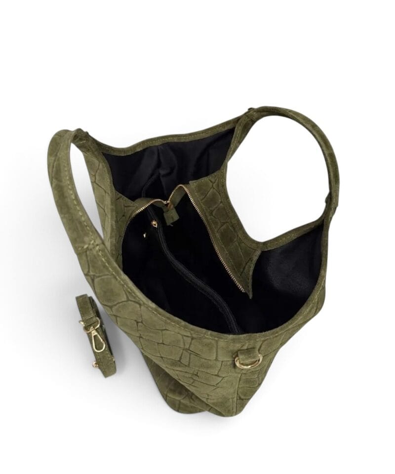 Suede Handtas Croco kroko Tote legergroen groene trendy dames tassen krokoprint suede extra lang hengsel kopen bestellen leer binnen